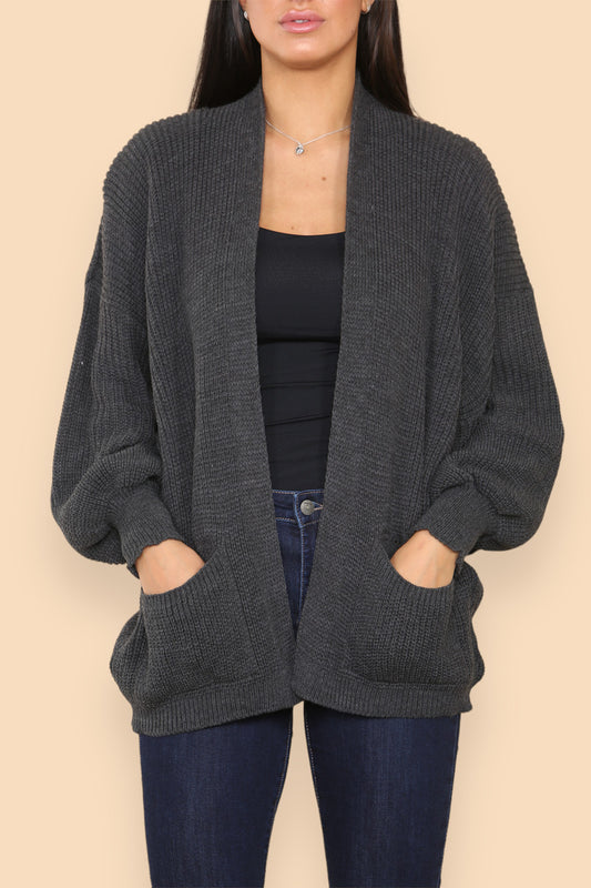 CHUNKY KNIT BALLOON SLEEVE CARDIGAN CHARCOAL