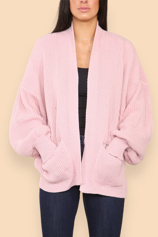 CHUNKY KNIT BALLOON SLEEVE CARDIGAN DUSTY PINK