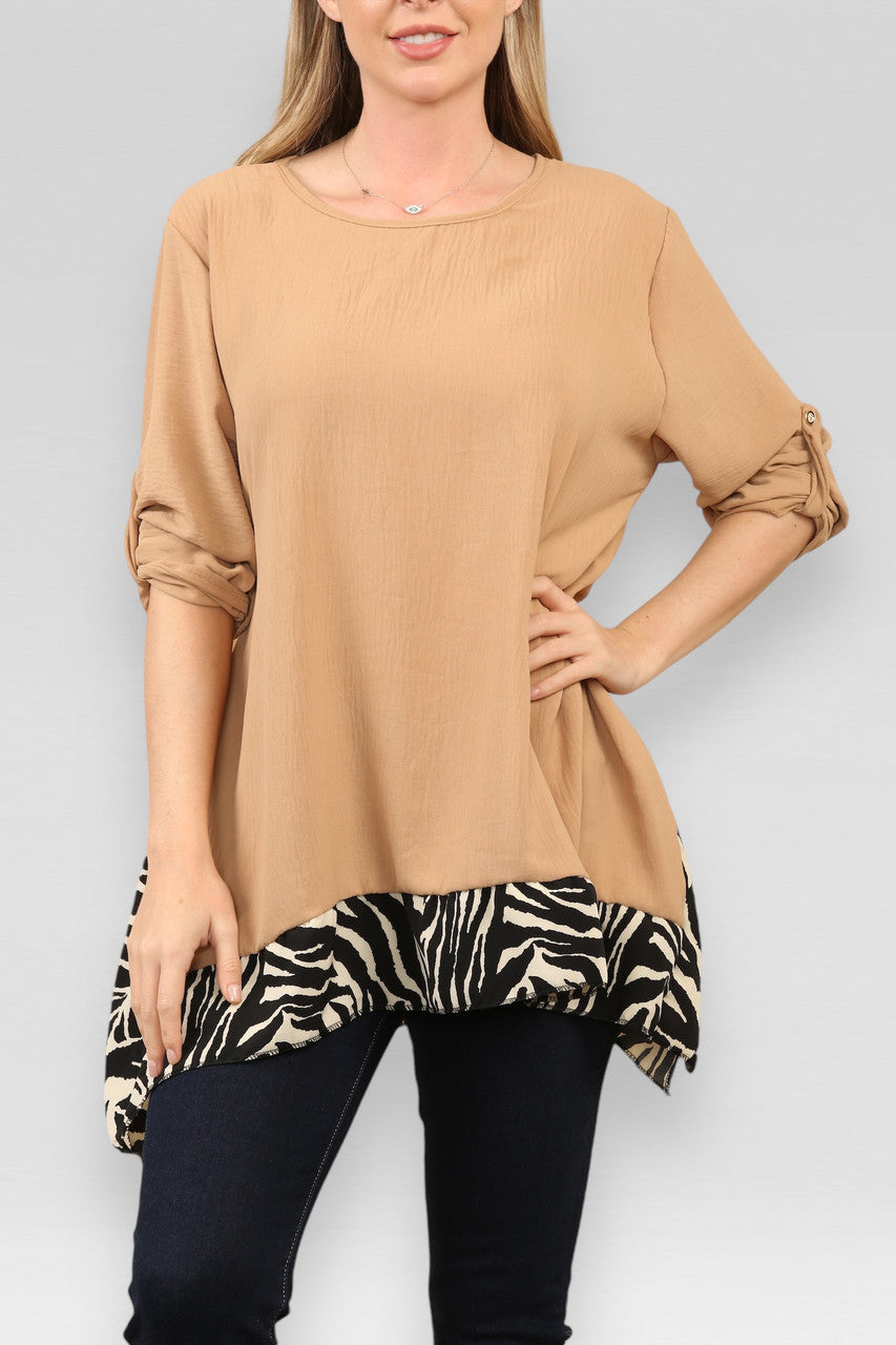 ZEBRAPRINT TOP MET KORTE MOUWEN TAN