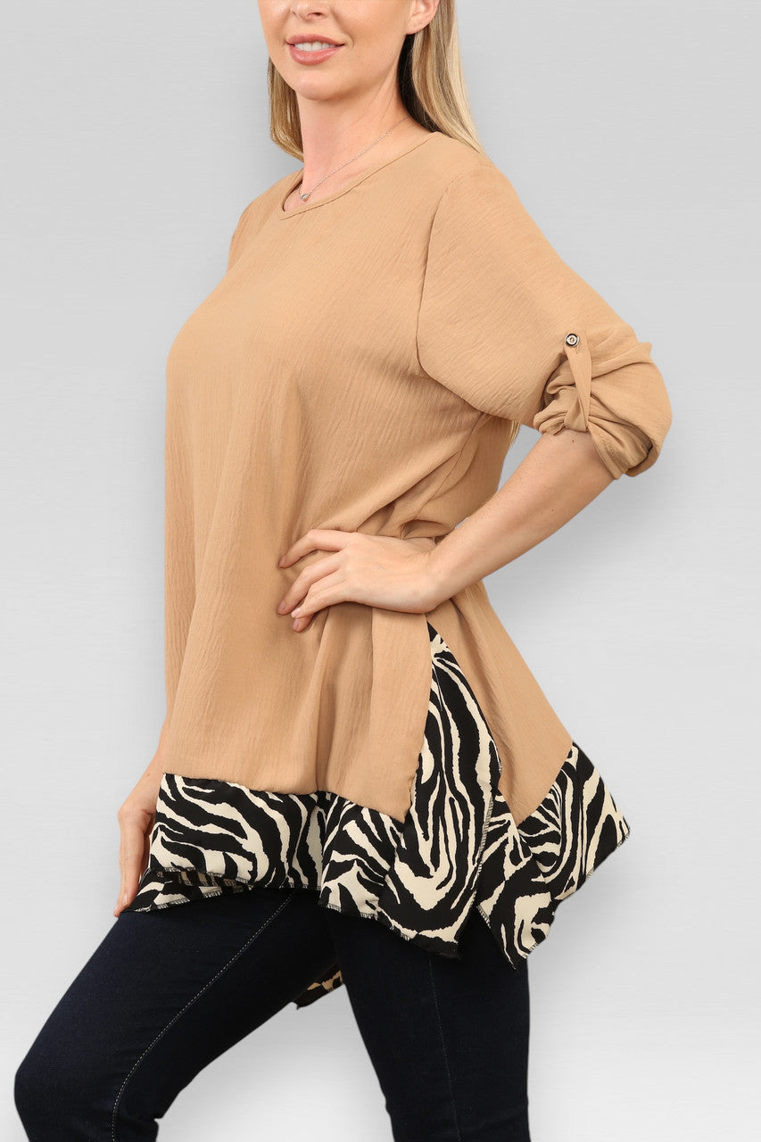 ZEBRAPRINT TOP MET KORTE MOUWEN TAN