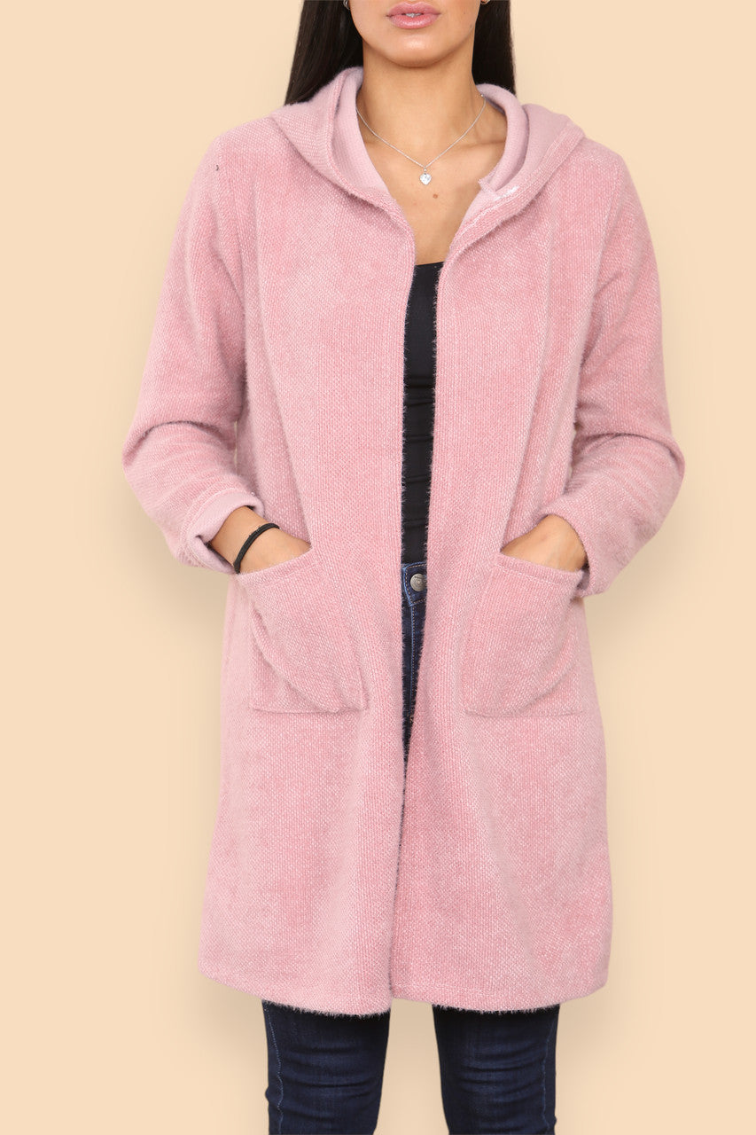 SOFT TEXTURED HOODED CARDIGAN JACKET DUSTY PINK