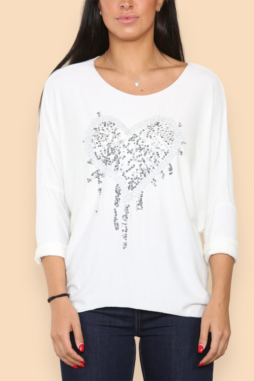 SPARKLE GLITTER HEART KNITTED JUMPER WHITE
