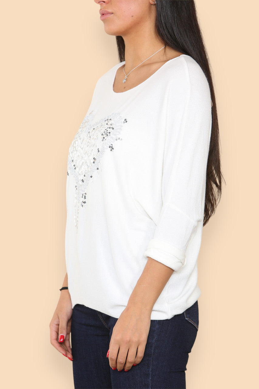 SPARKLE GLITTER HEART KNITTED JUMPER WHITE