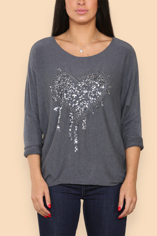 SPARKLE GLITTER HEART KNITTED JUMPER CHARCOAL