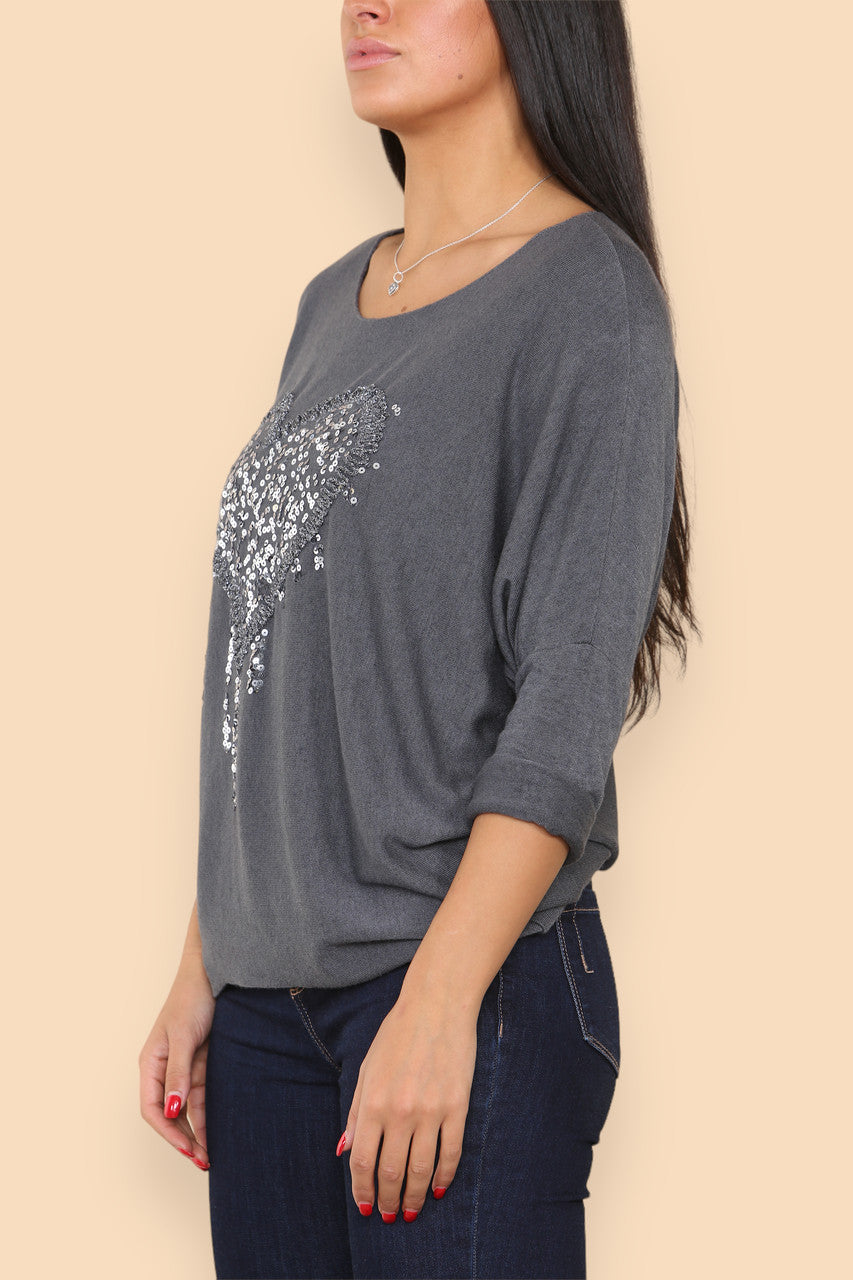 SPARKLE GLITTER HEART KNITTED JUMPER CHARCOAL