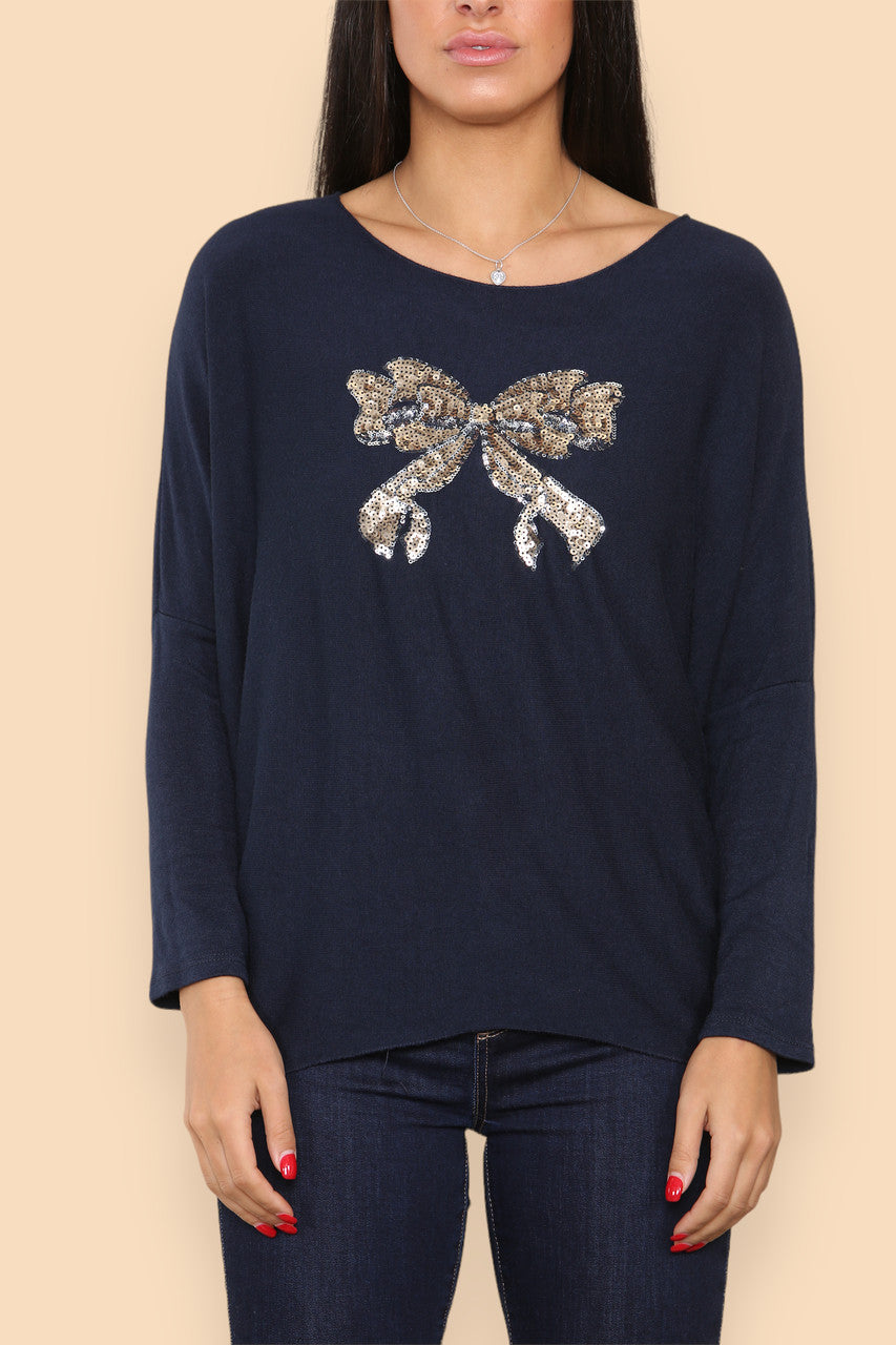 SPARKLE GLITTER BOW KNITTED JUMPER NAVY