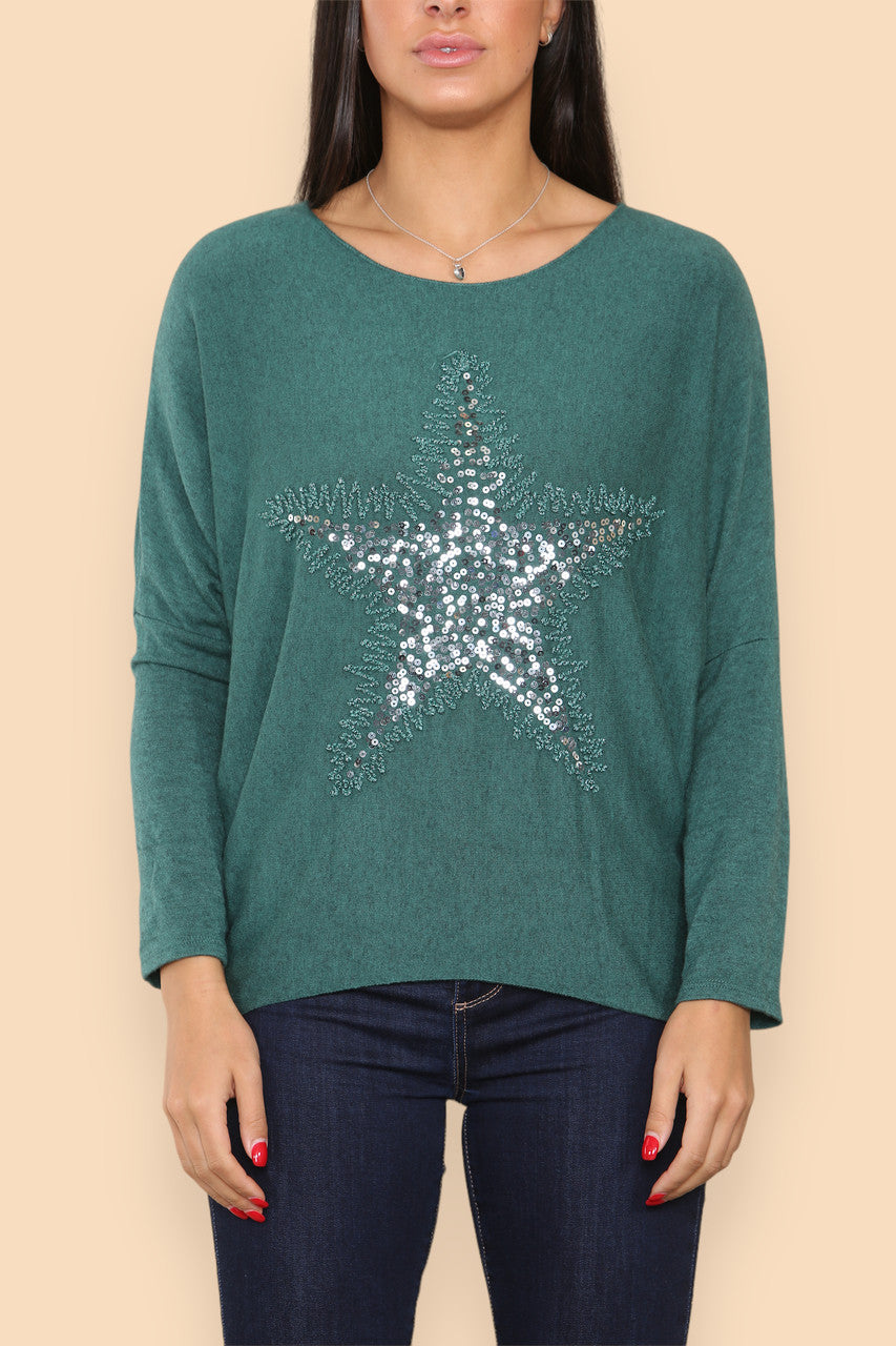 SPARKLE GLITTER STAR KNITTED JUMPER GREEN