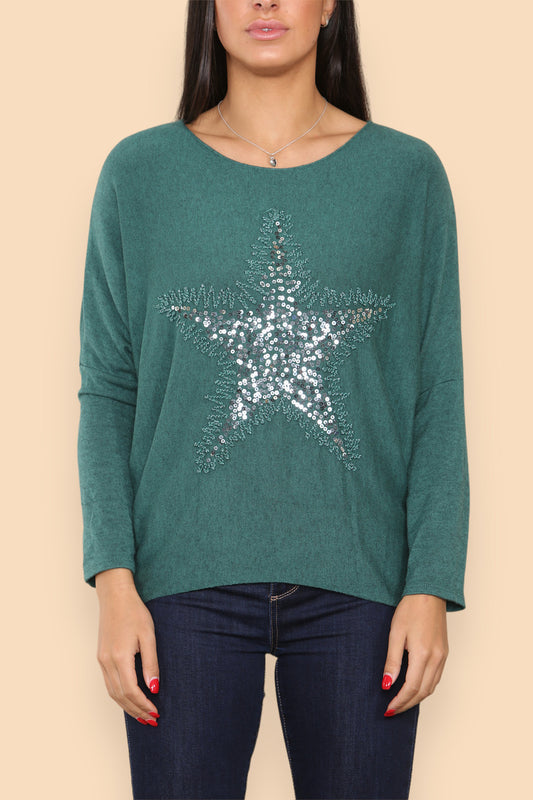 SPARKLE GLITTER STAR KNITTED JUMPER GREEN