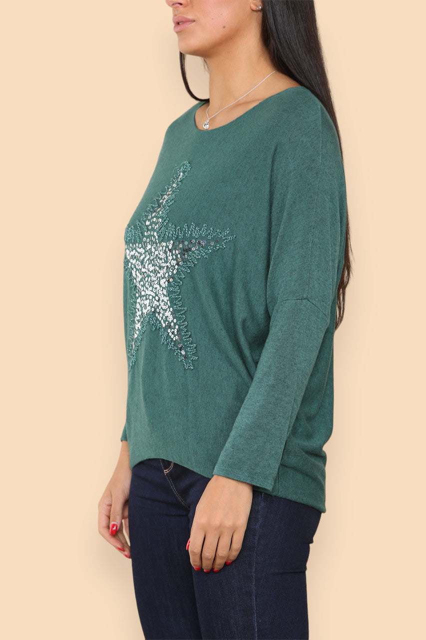 SPARKLE GLITTER STAR KNITTED JUMPER GREEN