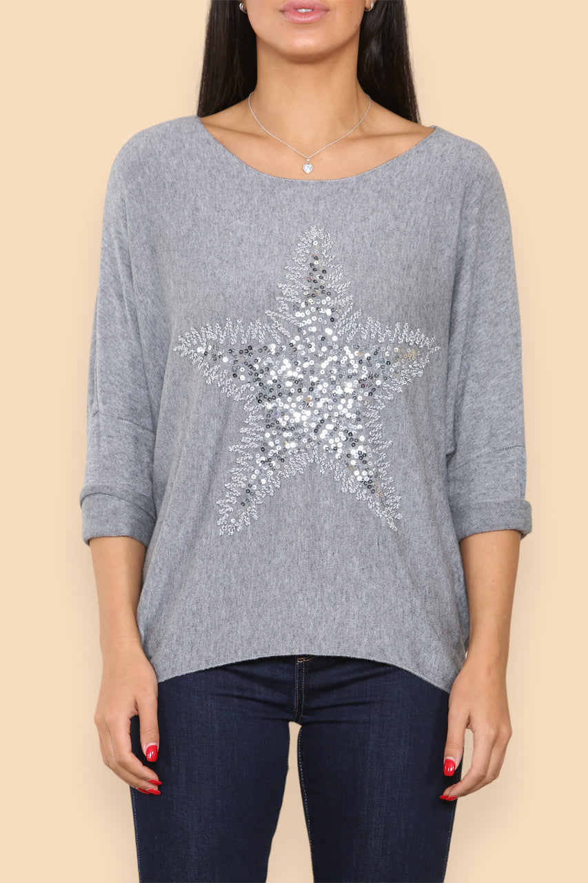 SPARKLE GLITTER STAR KNITTED JUMPER GREY