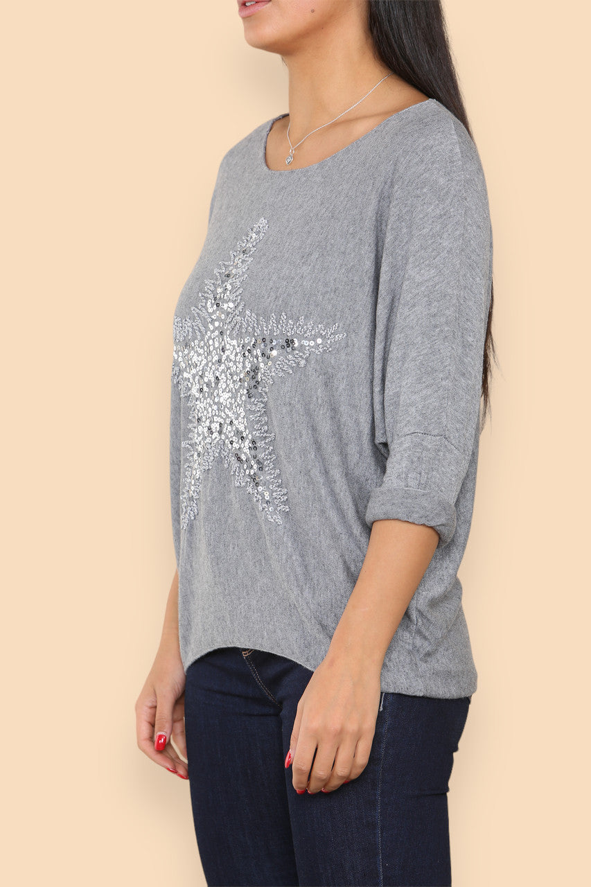 SPARKLE GLITTER STAR KNITTED JUMPER GREY