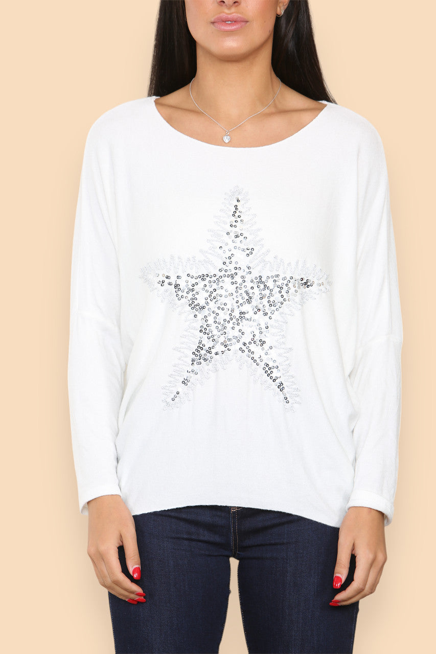 SPARKLE GLITTER STAR KNITTED JUMPER WHITE
