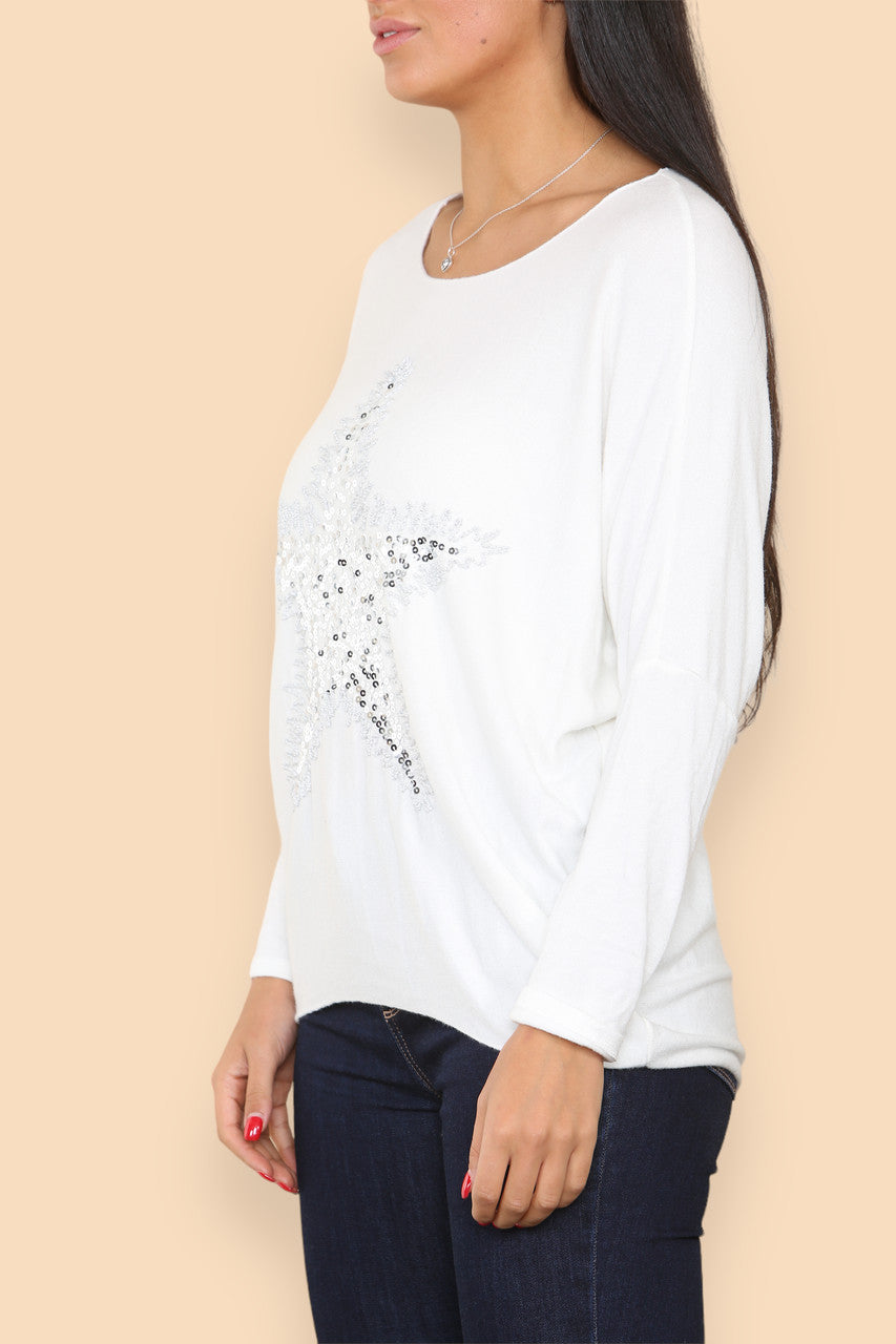 SPARKLE GLITTER STAR KNITTED JUMPER WHITE