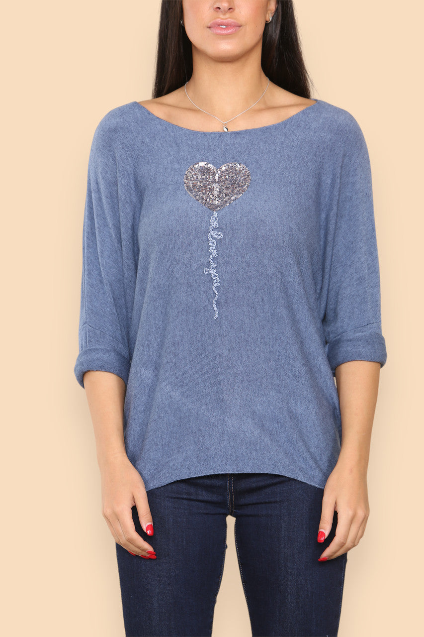 SPARKLE GLITTER BALLOON HEART KNITTED JUMPER DENIM