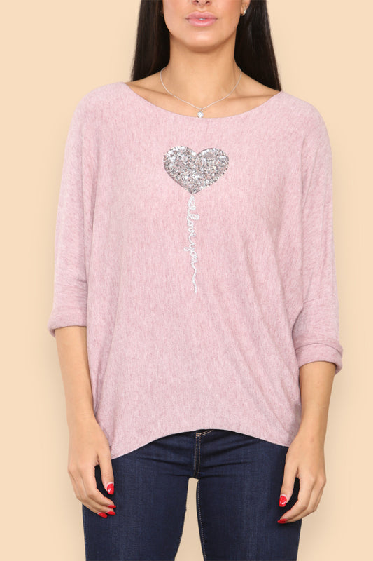 SPARKLE GLITTER BALLON HART GEBREIDE TRUI ROZE