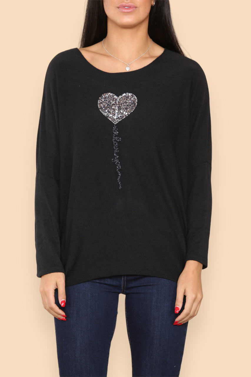 SPARKLE GLITTER BALLOON HEART KNITTED JUMPER BLACK