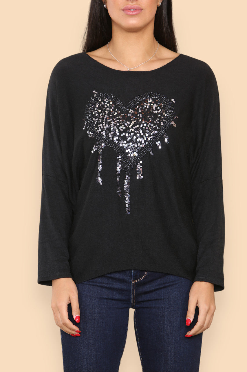SPARKLE GLITTER HEART KNITTED JUMPER BLACK