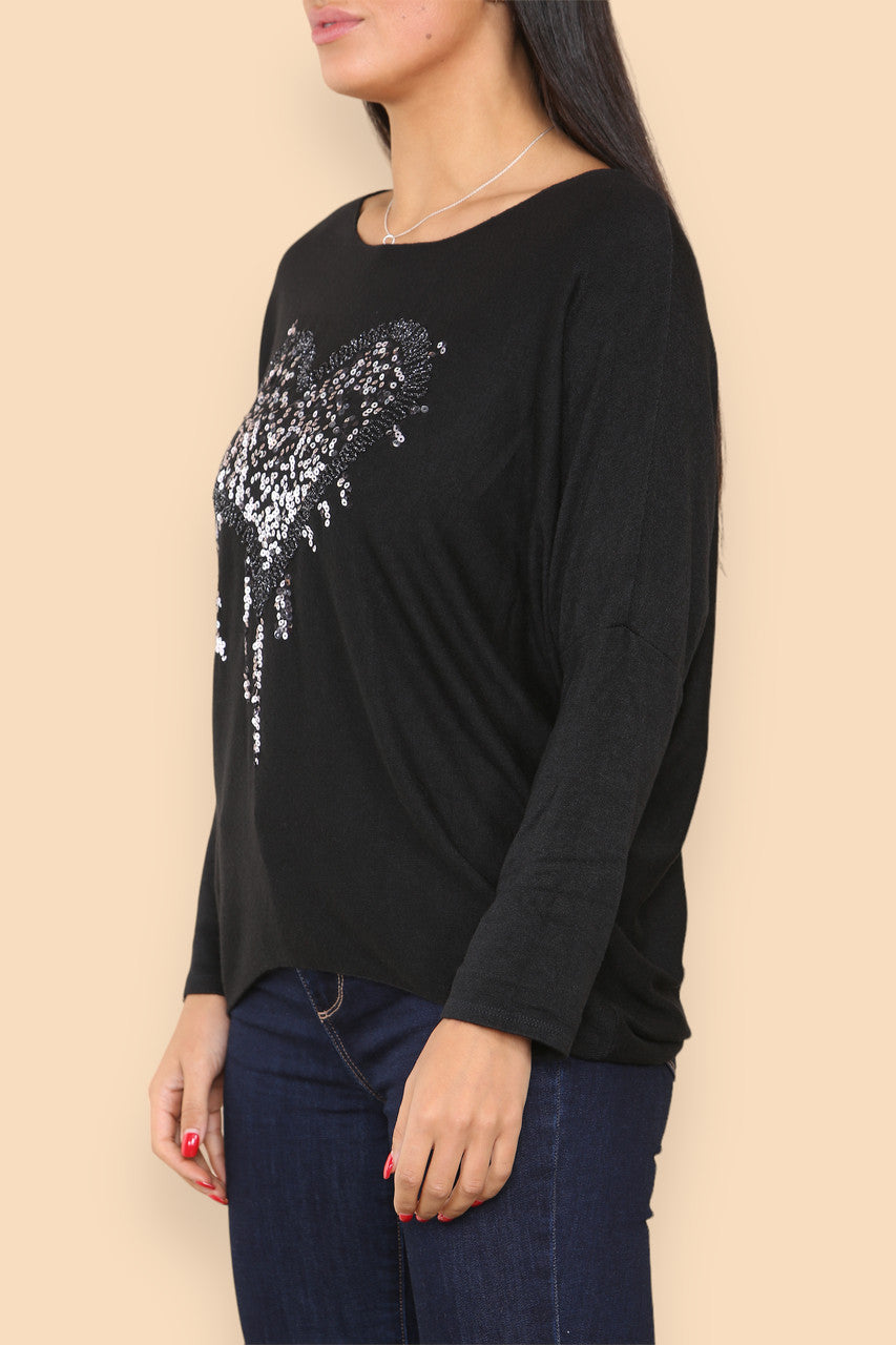 SPARKLE GLITTER HEART KNITTED JUMPER BLACK
