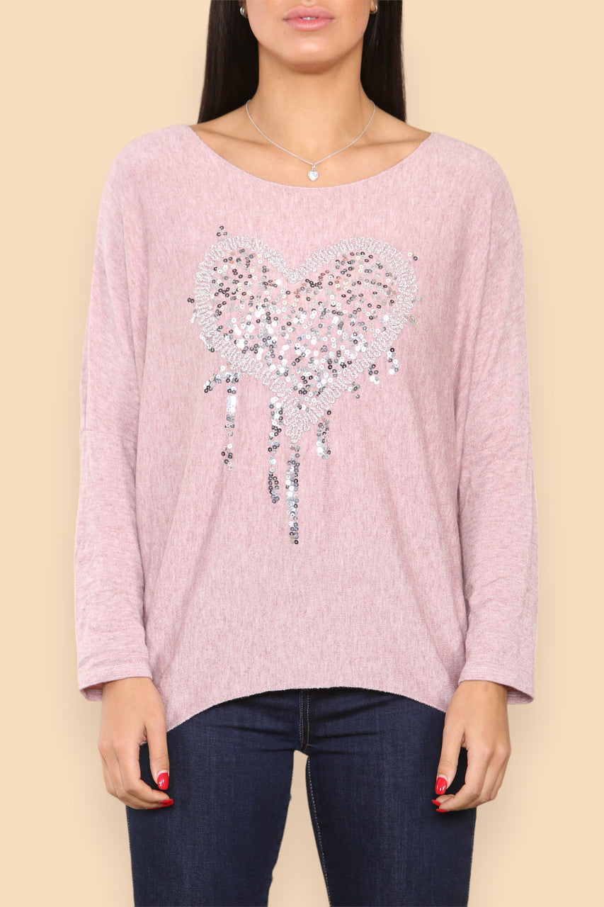 SPARKLE GLITTER HEART KNITTED JUMPER DUSTY PINK