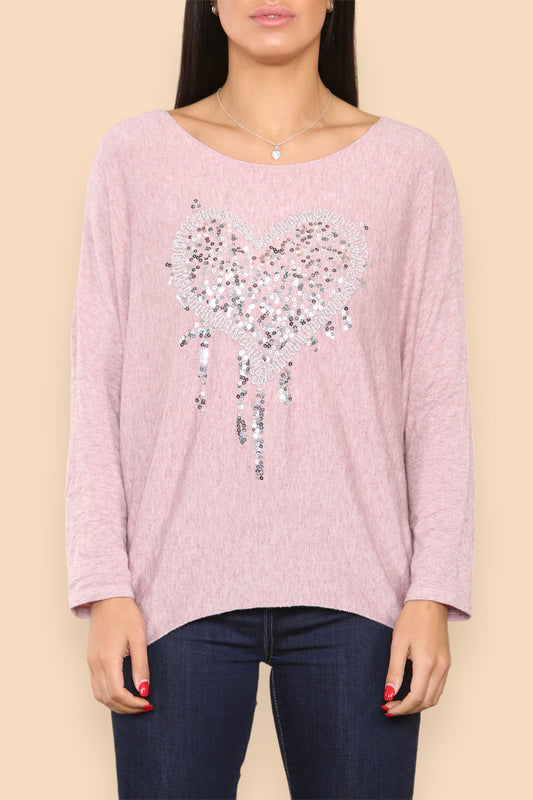 SPARKLE GLITTER HEART KNITTED JUMPER DUSTY PINK