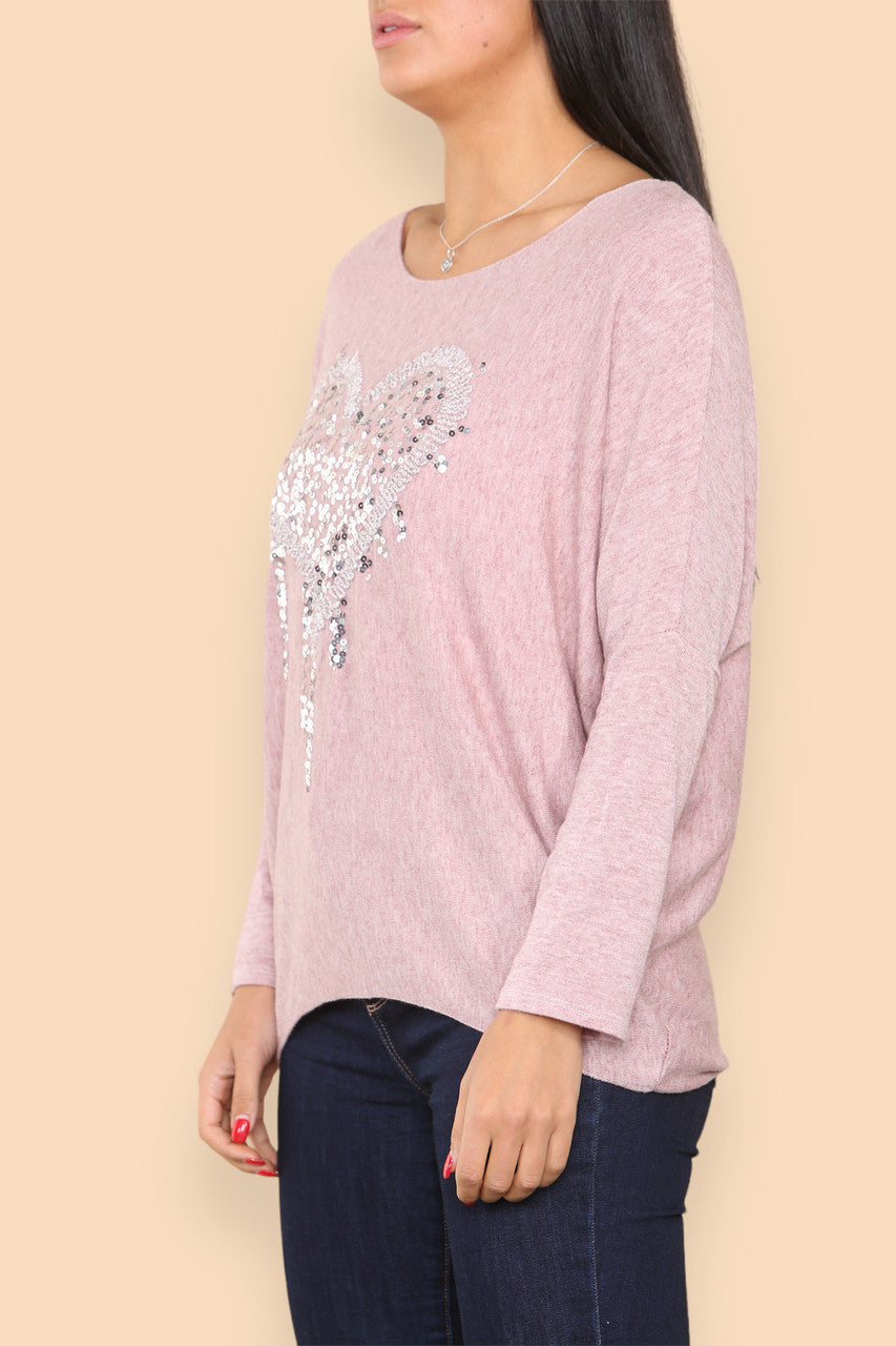 SPARKLE GLITTER HEART KNITTED JUMPER DUSTY PINK
