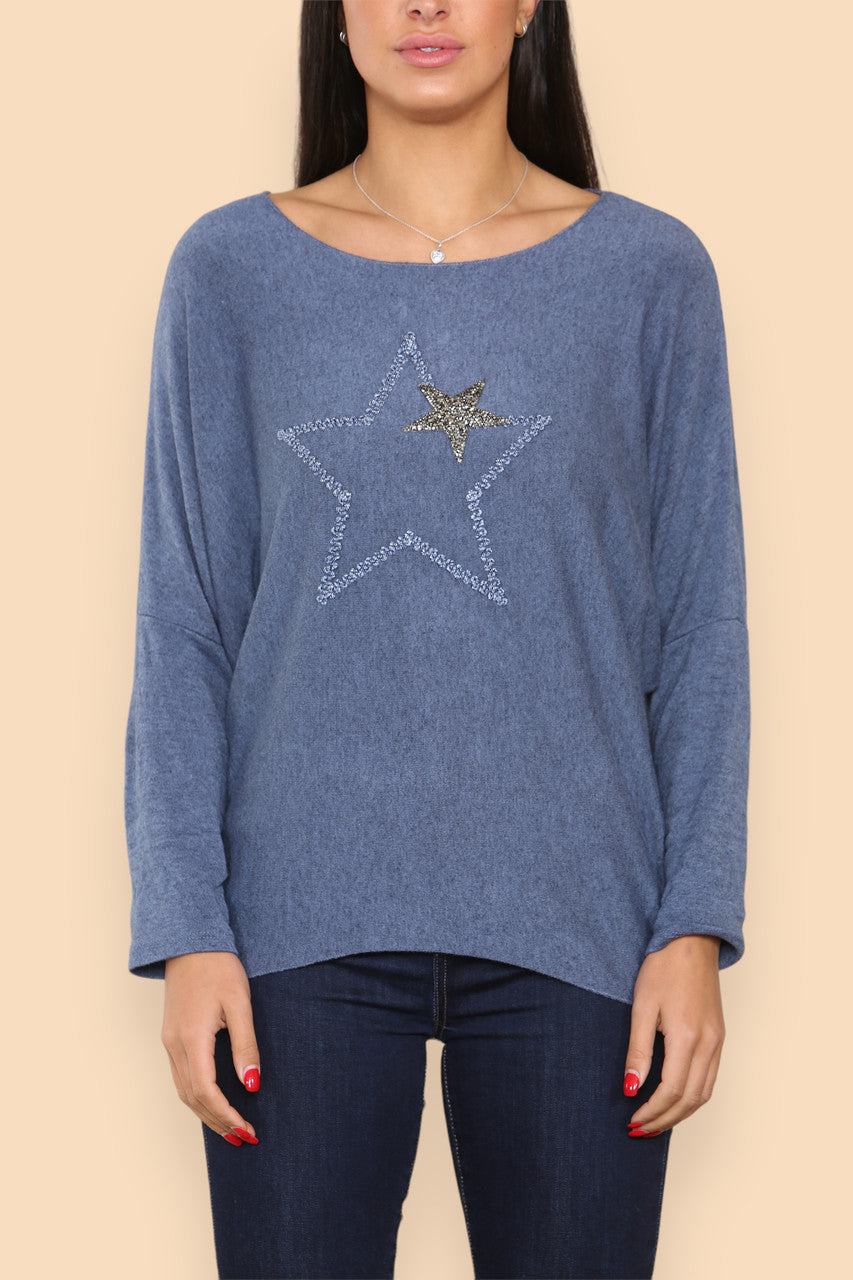 SPARKLE GLITTER STARS KNITTED JUMPER DENIM