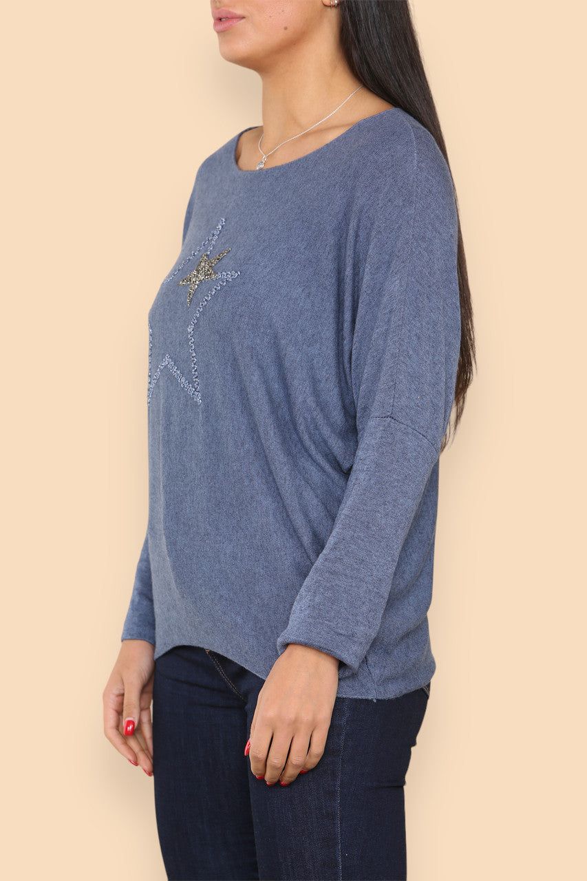 SPARKLE GLITTER STARS KNITTED JUMPER DENIM