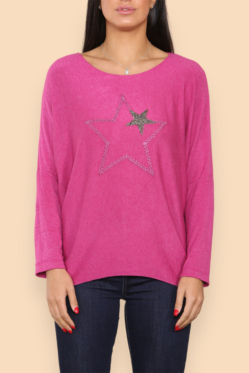 SPARKLE GLITTER STARS KNITTED JUMPER CERISE