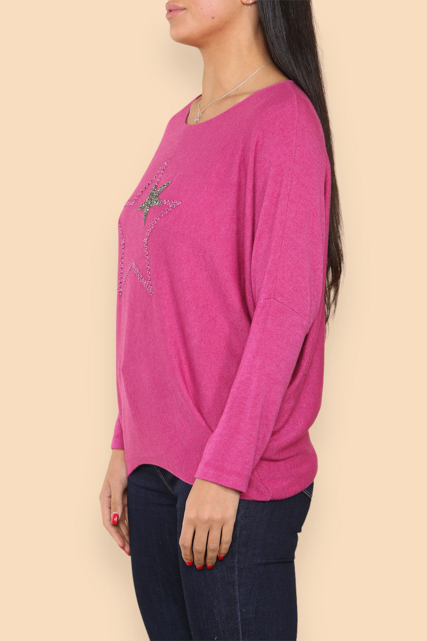 SPARKLE GLITTER STARS KNITTED JUMPER CERISE