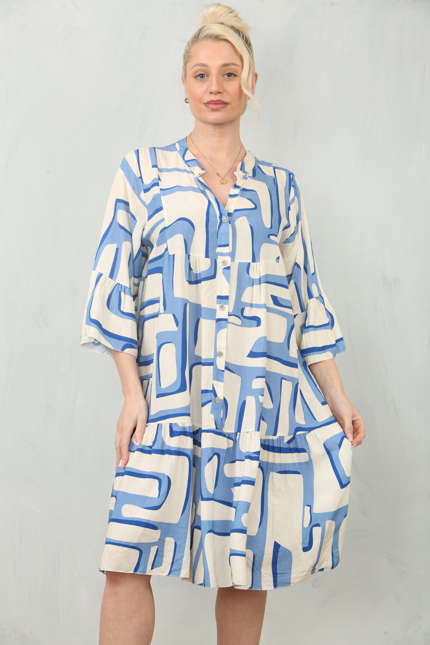 JURKJESHEMD MET GEOMETRISCHE PRINT - DENIM