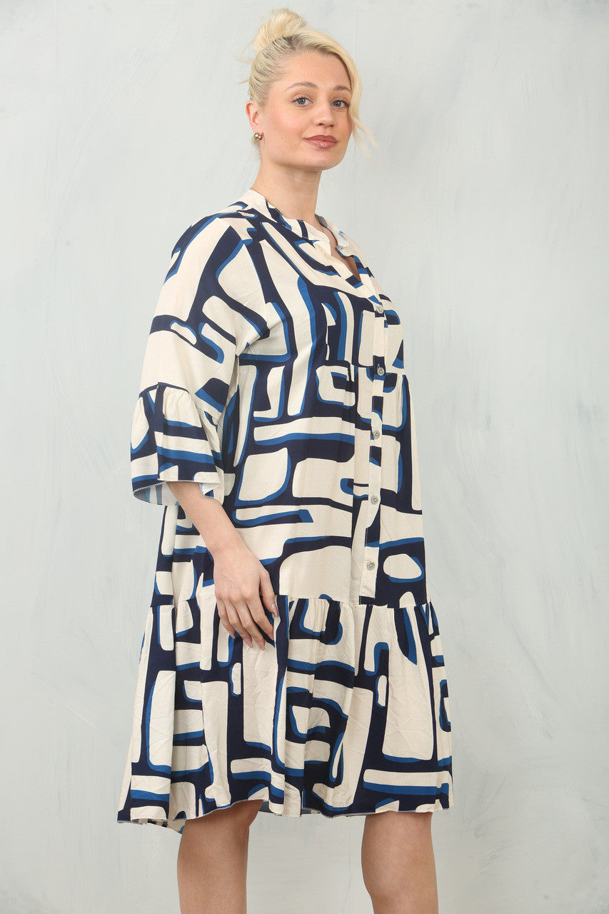 OVERHEMDJURK MET GEOMETRISCHE PRINT - MARINEBLAUW