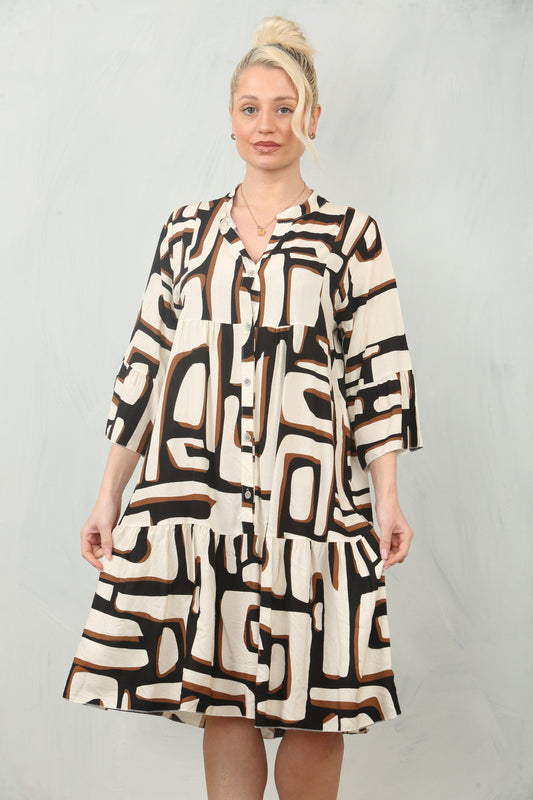 GEOMETRIC PRINT SHIRT DRESS - BLACK