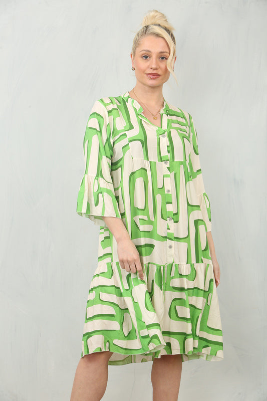 GEOMETRIC PRINT SHIRT DRESS - LIME
