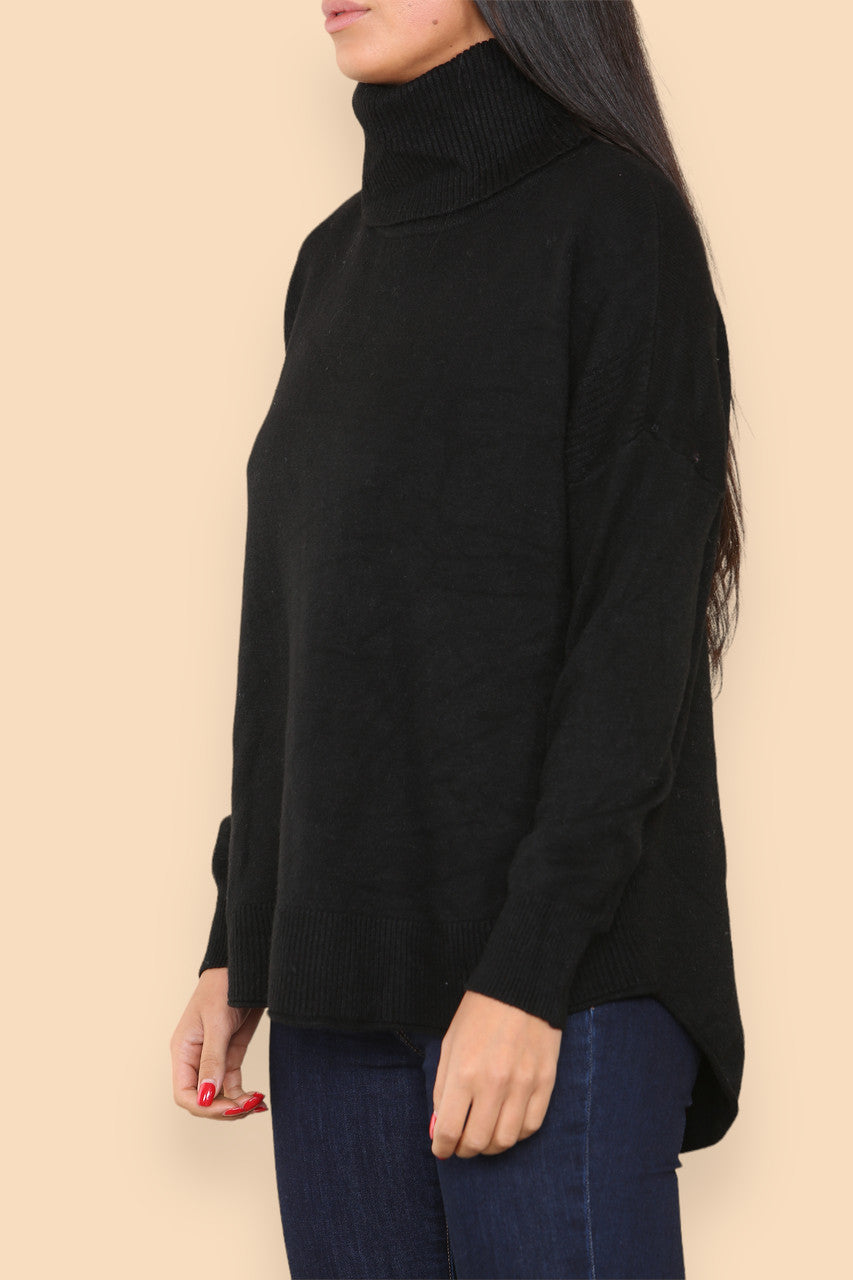 HIGH NECK SOFT KNIT RIB DETAIL JUMPER BLACK