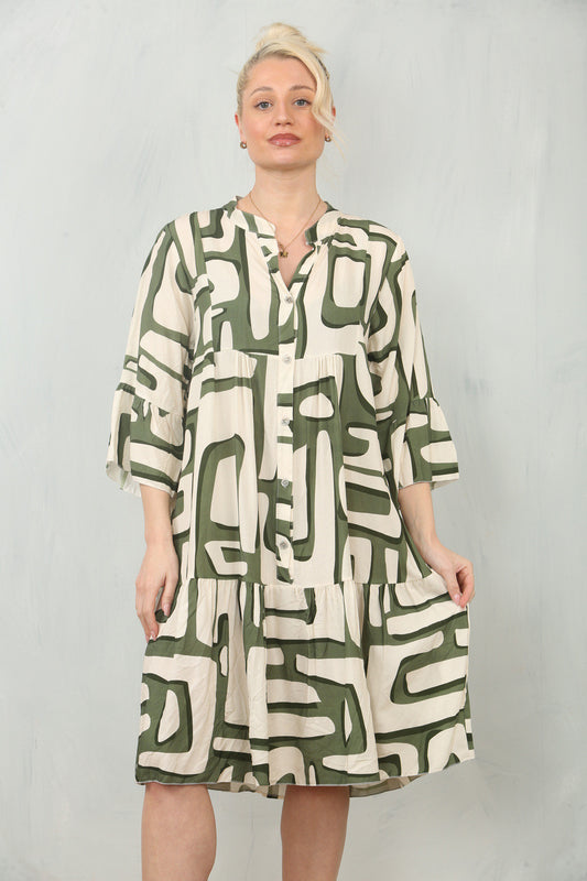 GEOMETRIC PRINT SHIRT DRESS - KHAKI