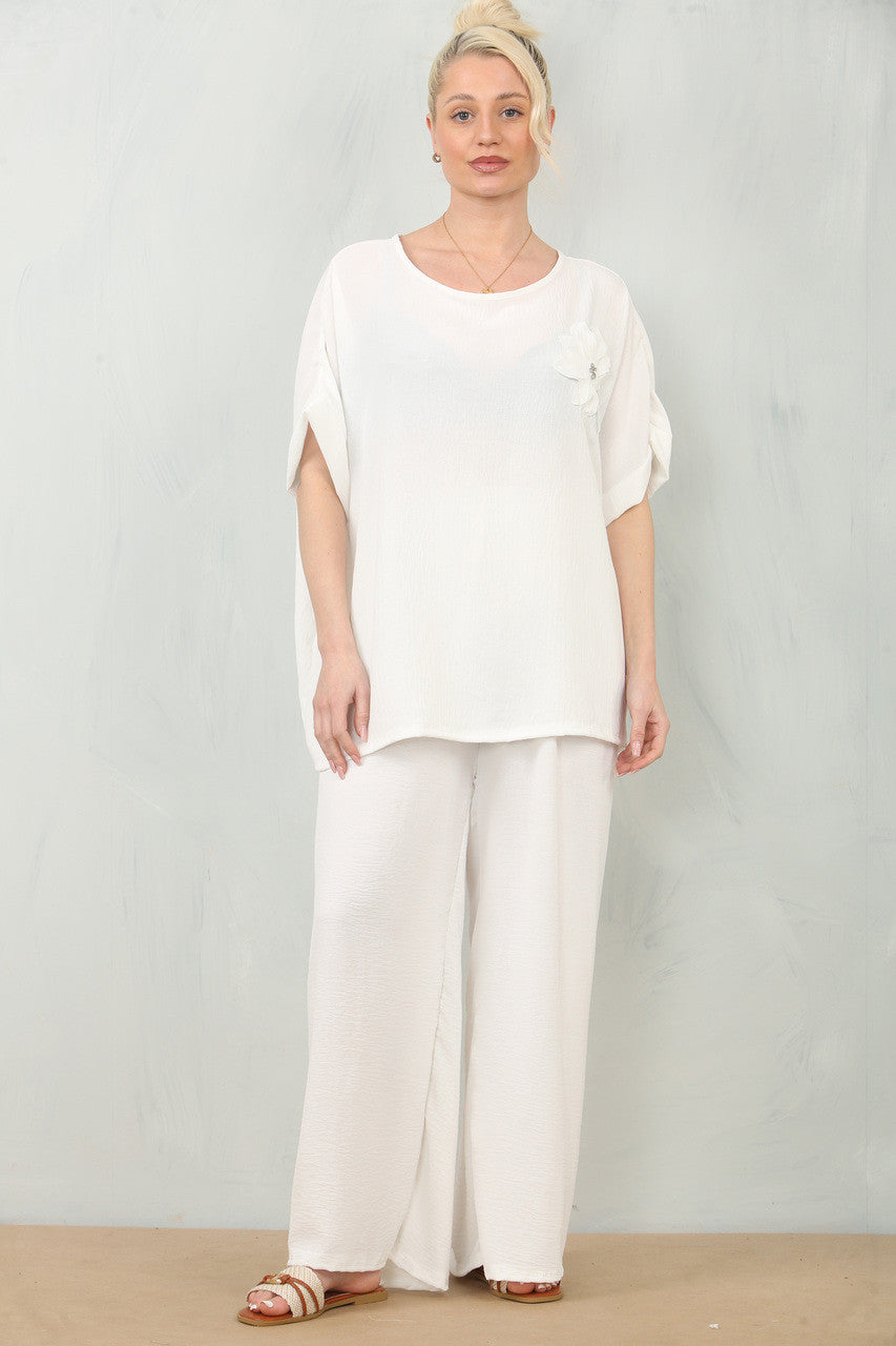 BLOEMEN CORSAGE TOP & BROEK SET - WIT
