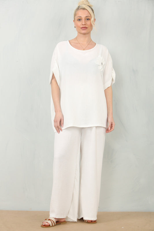 BLOEMEN CORSAGE TOP & BROEK SET - WIT