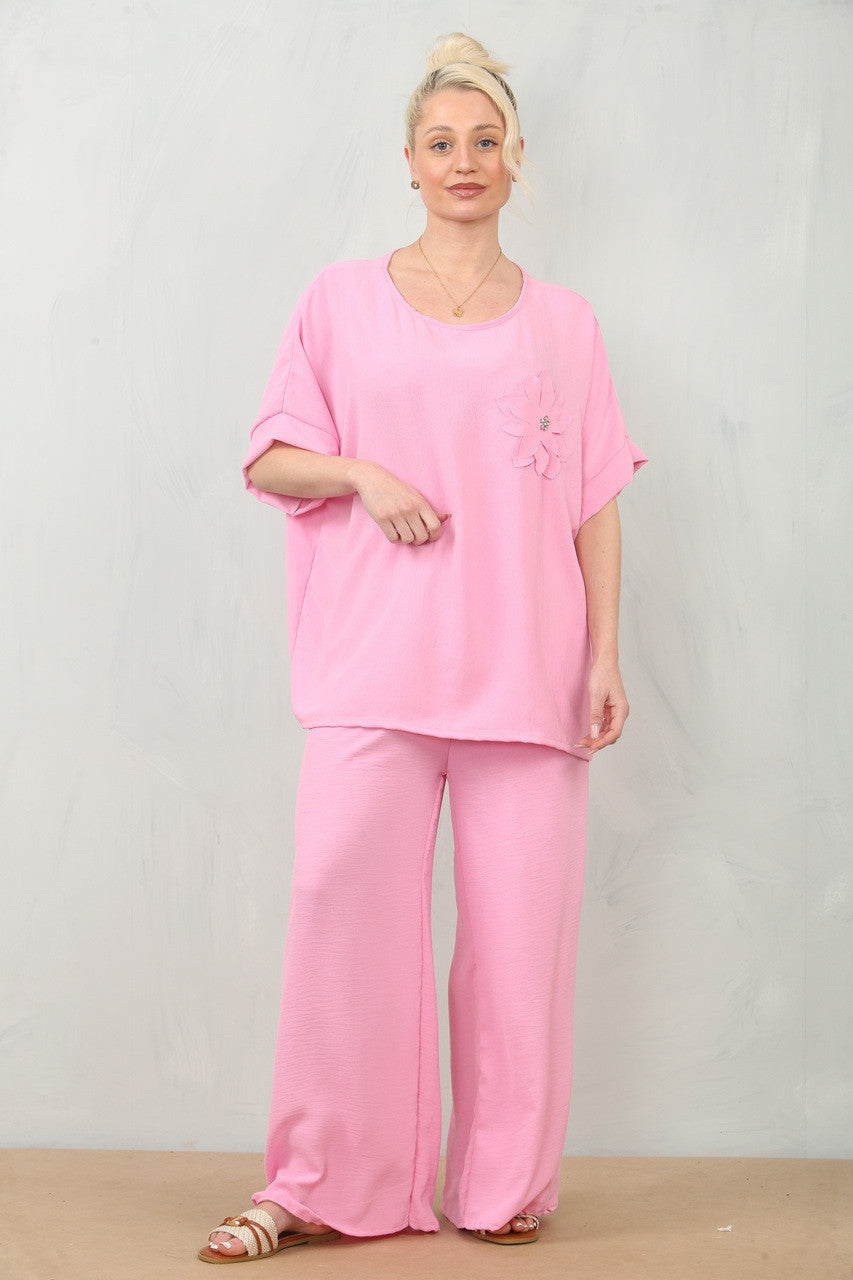FLOATY FLORAL CORSAGE TOP & TROUSERS SET - PINK