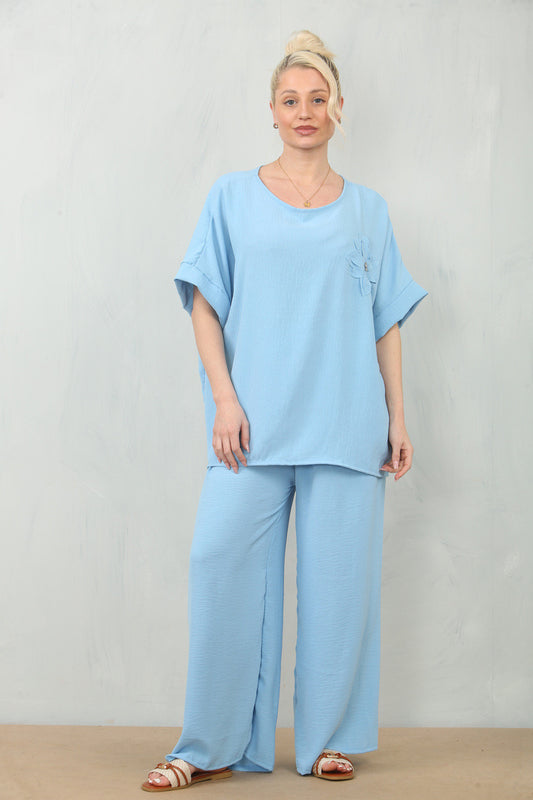 Luchtige bloemen corsage top & broek set - blauw