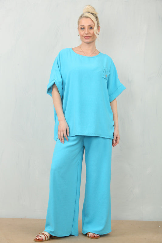 LUCHTIGE BLOEMEN CORSAGE TOP & BROEK SET - TURQUOISE