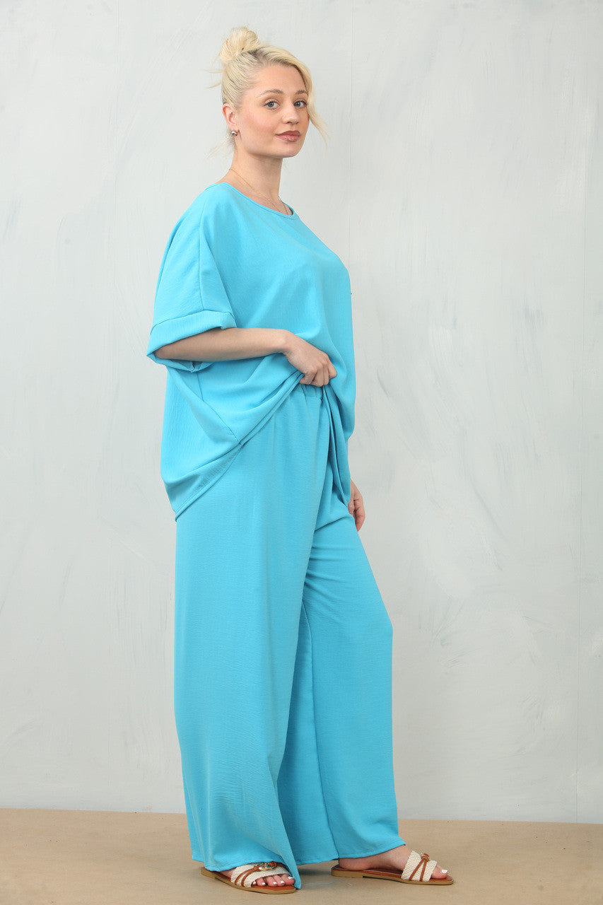 FLOATY FLORAL CORSAGE TOP & TROUSERS SET - TURQUOISE