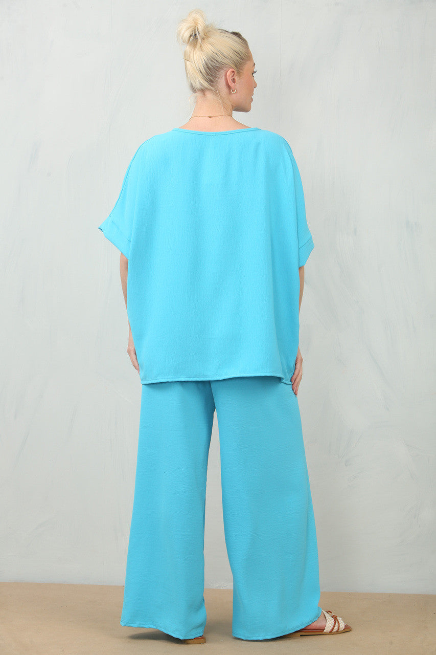 FLOATY FLORAL CORSAGE TOP & TROUSERS SET - TURQUOISE