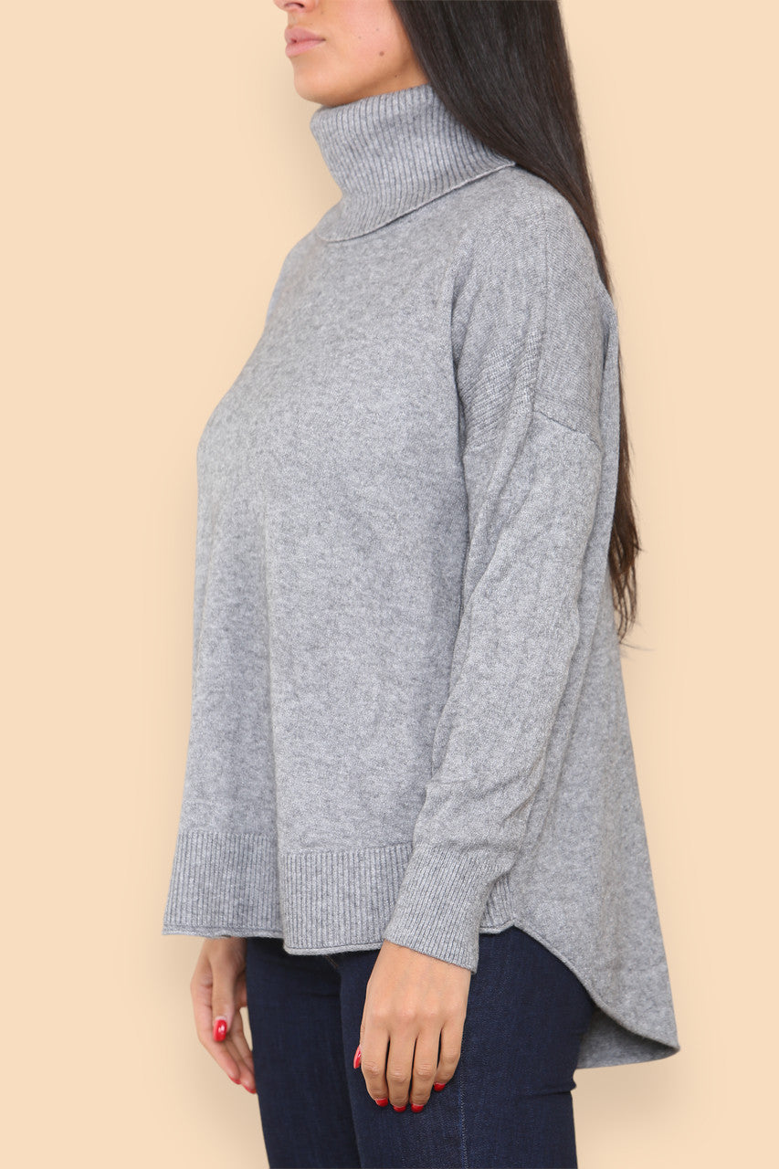 HIGH NECK SOFT KNIT RIB DETAIL JUMPER GREY