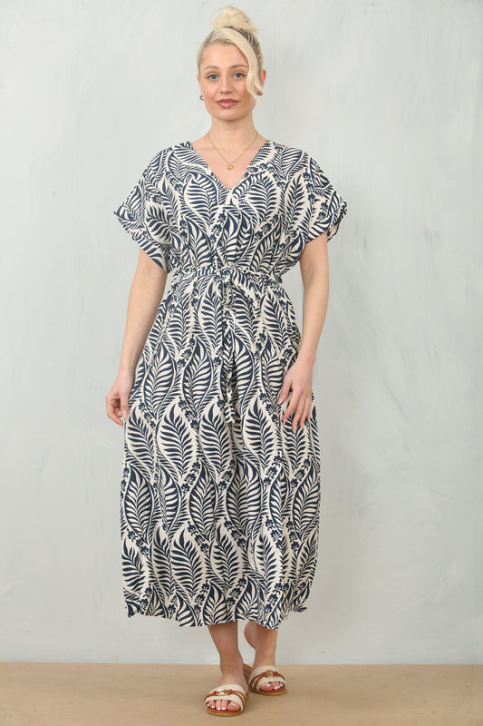 ABSTRACT LEAF PRINT BELTED SHIFT DRESS - NAVY