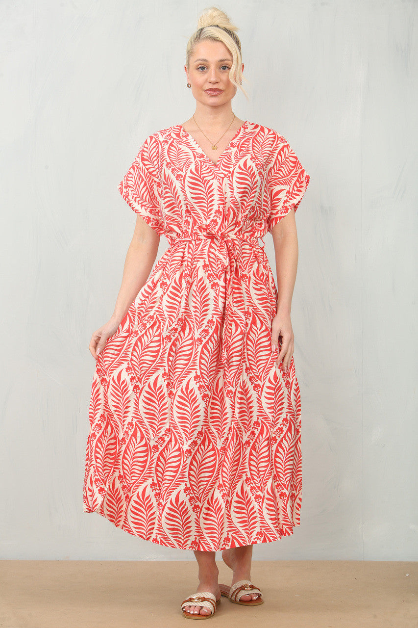 GESTREEPTE SHIFTJURK MET RIEM EN BLADPRINT - ROOD