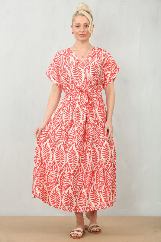 ABSTRACT LEAF PRINT BELTED SHIFT DRESS - RED