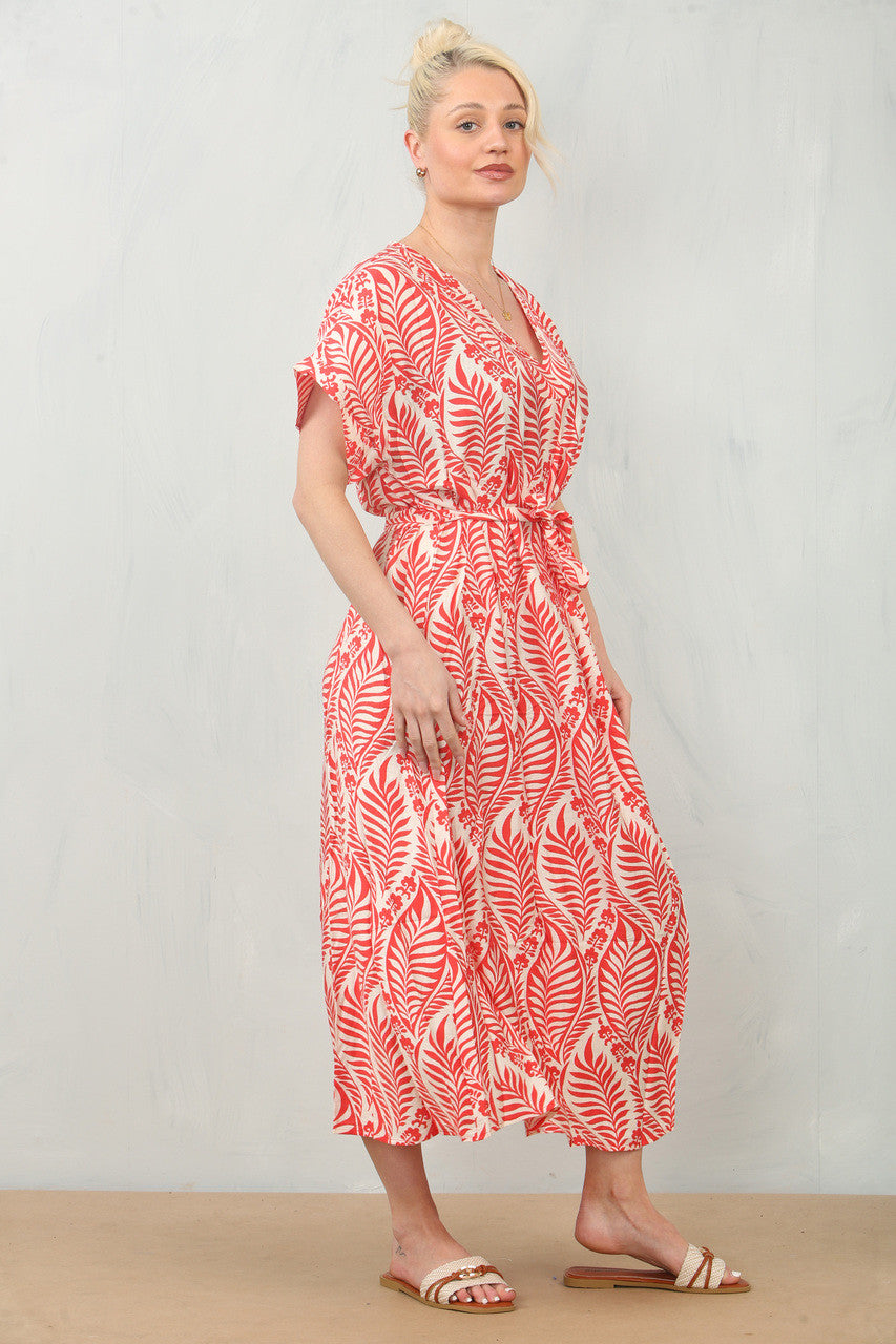 GESTREEPTE SHIFTJURK MET RIEM EN BLADPRINT - ROOD
