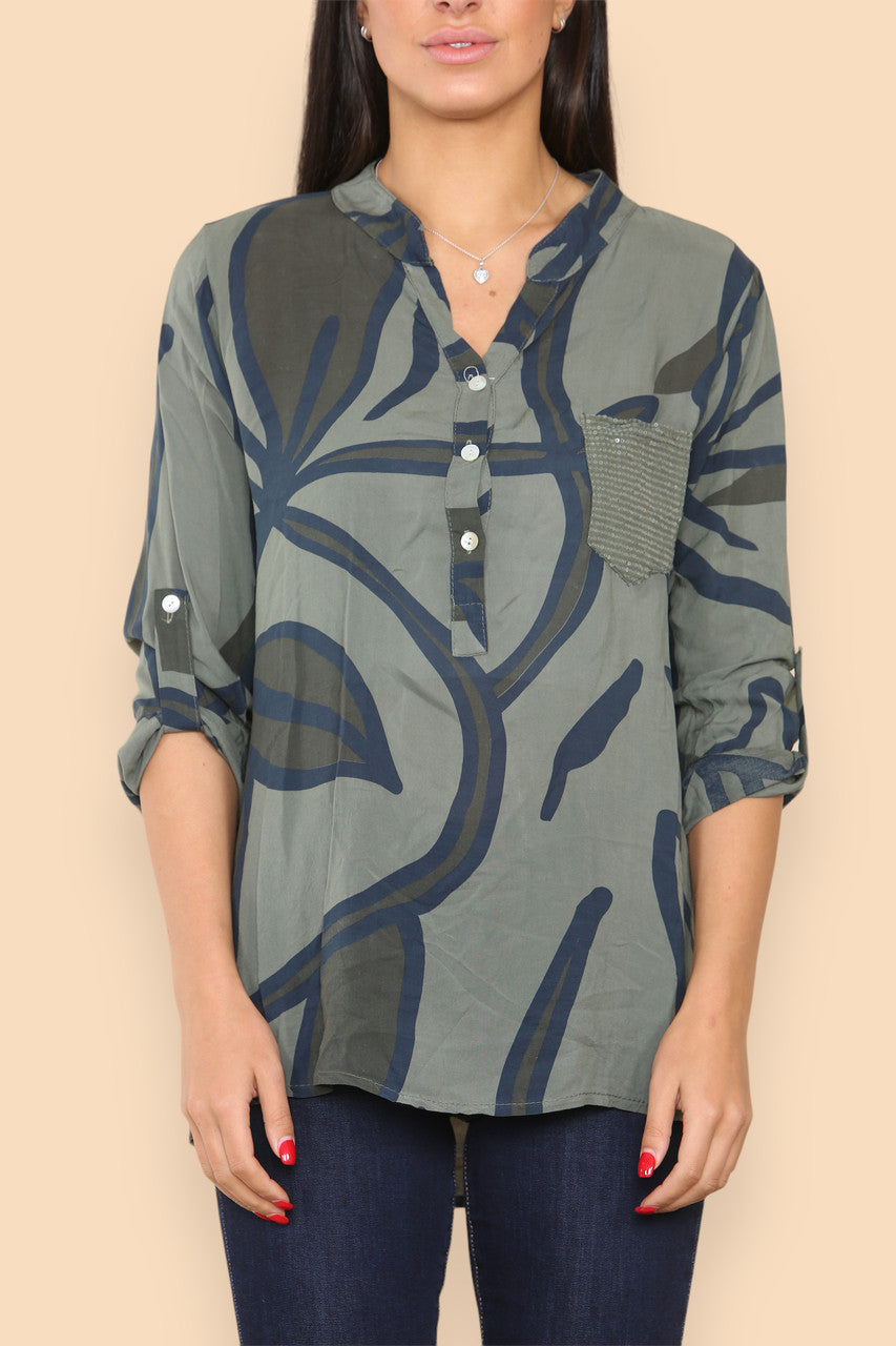 ABSTRACT FLORAL GRANDAD SHIRT KHAKI