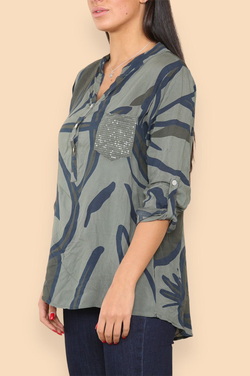 ABSTRACT FLORAL GRANDAD SHIRT KHAKI