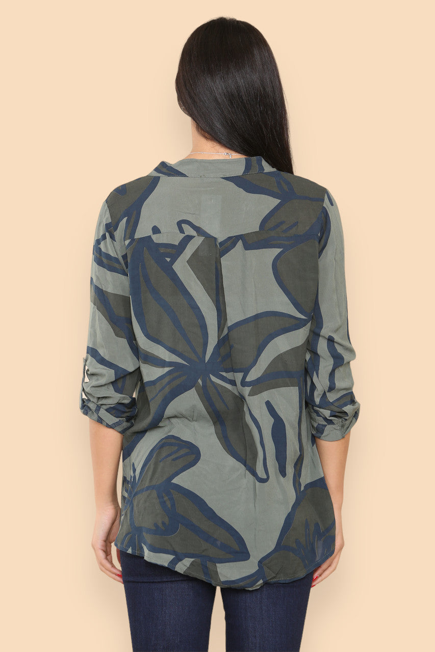 ABSTRACT FLORAL GRANDAD SHIRT KHAKI